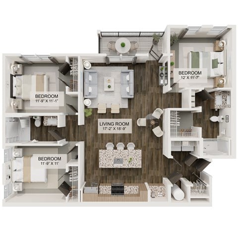Floor plan for 3 beds, 2 baths, 1369 sqft